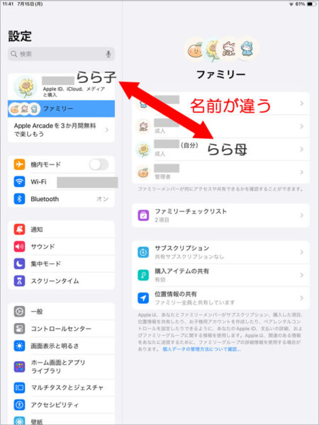 iPad、iPhoneのファミリーの名前がおかしい。自分の名前ではない。